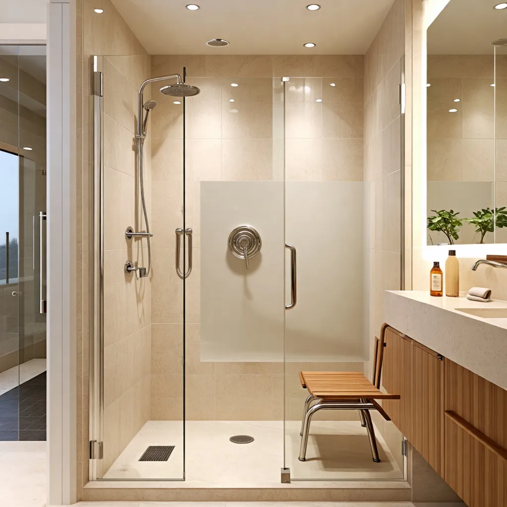 Lujoso baño moderno con ducha y detalles de madera.