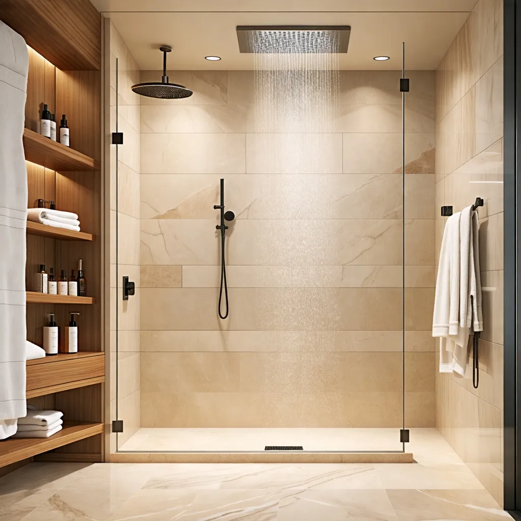 Lujoso baño moderno con ducha de lluvia y estantes de madera.