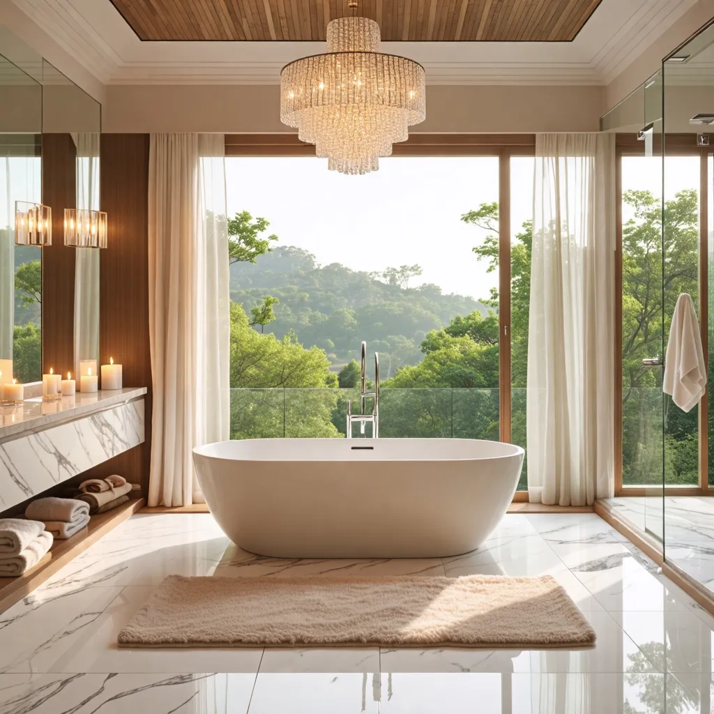 Lujoso baño con vistas panorámicas a la naturaleza.
