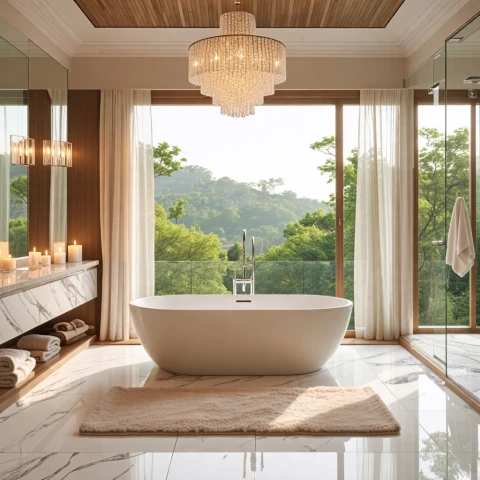 Lujoso baño con vistas panorámicas a la naturaleza.