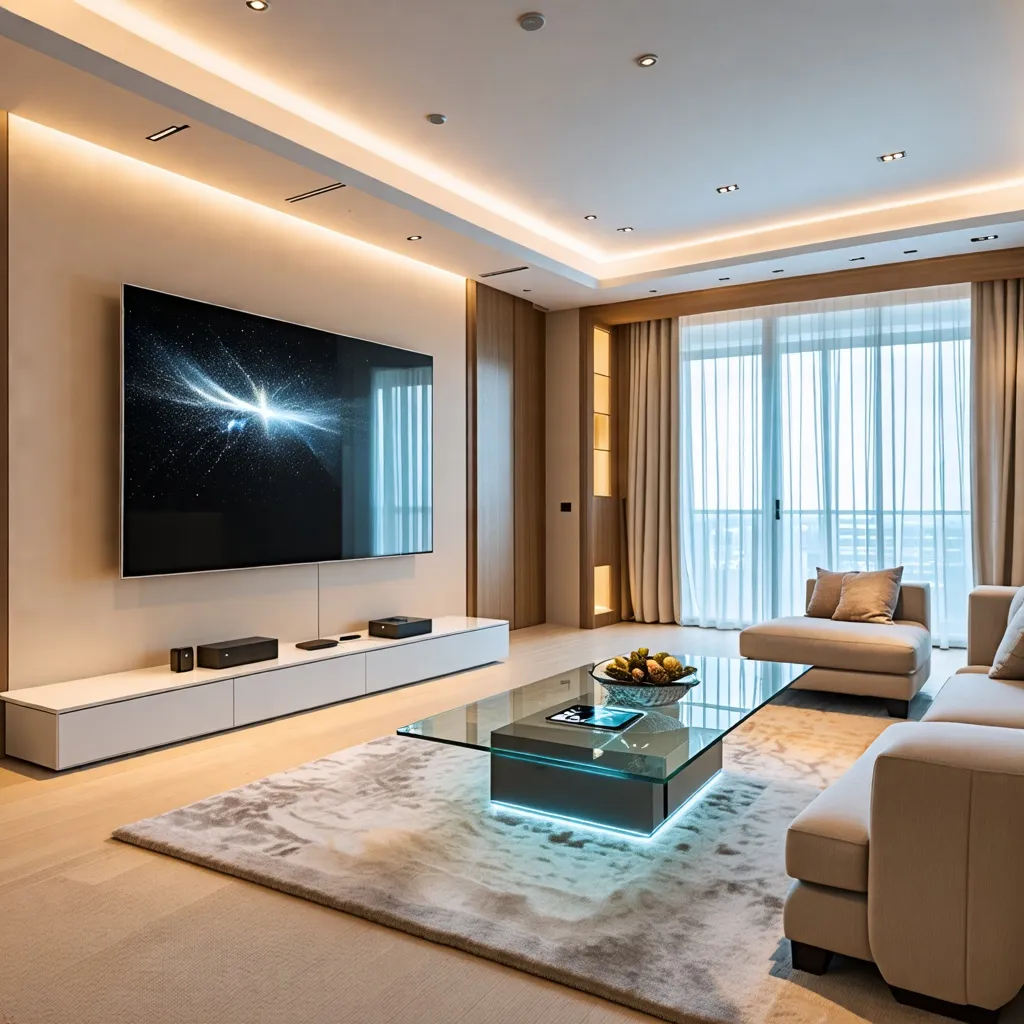 Lujoso espacio interior con televisión y decoración moderna.