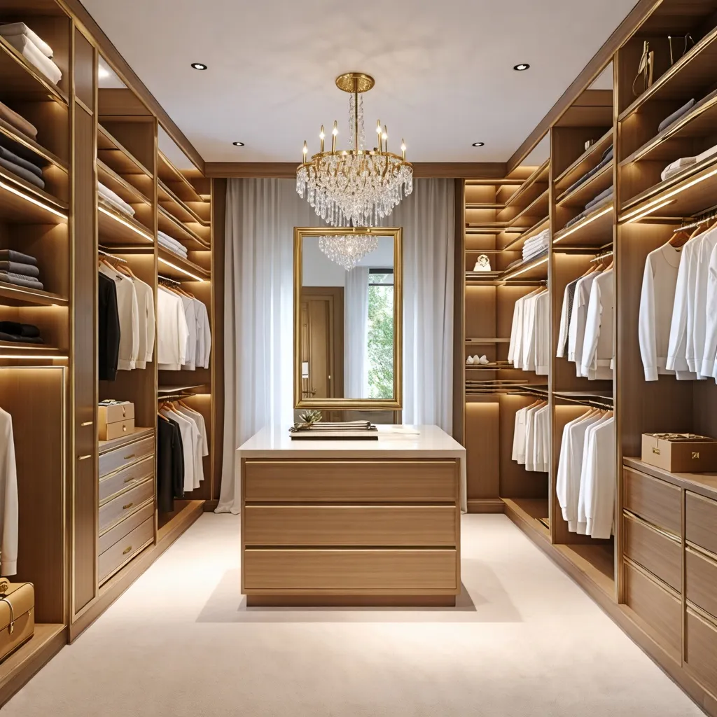 Lujoso vestidor con iluminación cálida y detalles elegantes.
