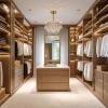 Lujoso vestidor con iluminación cálida y detalles elegantes.