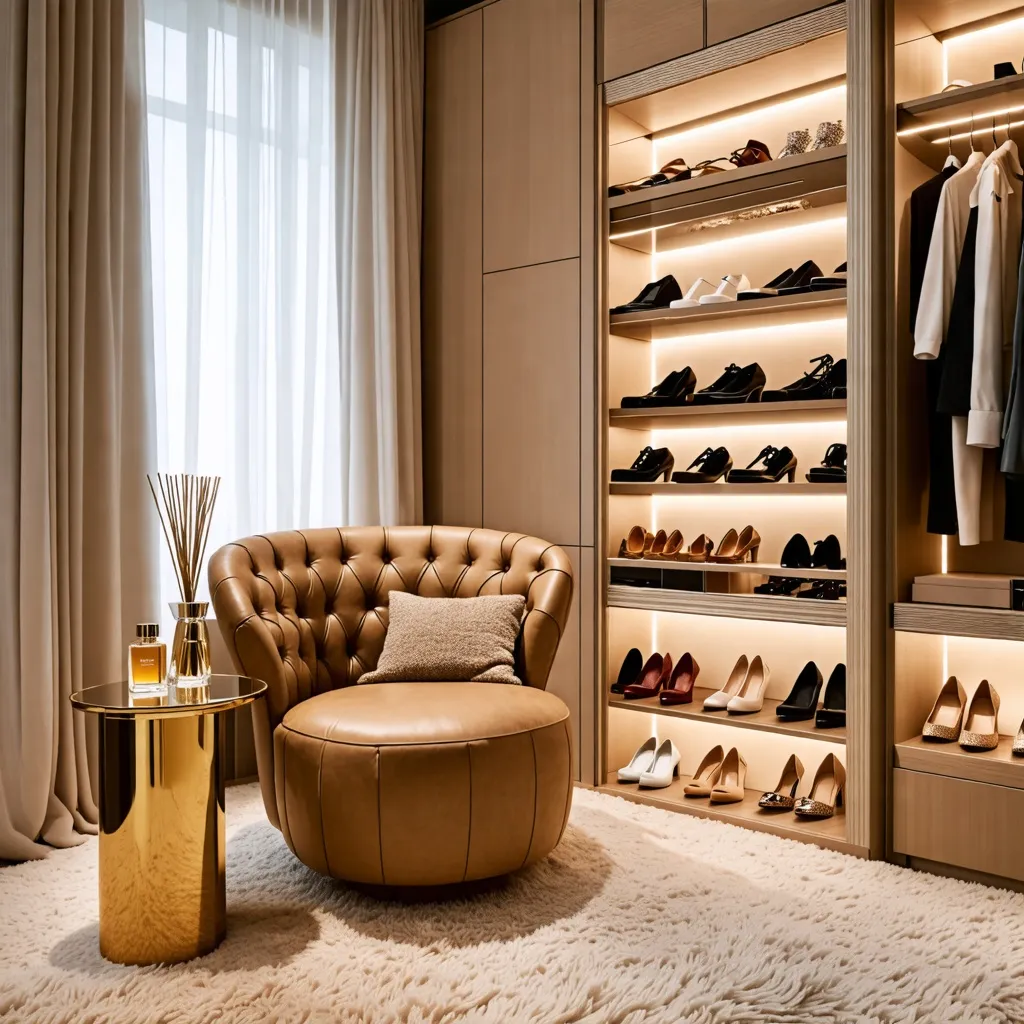 Lujoso vestidor con iluminación cálida y elegante sillón de cuero.