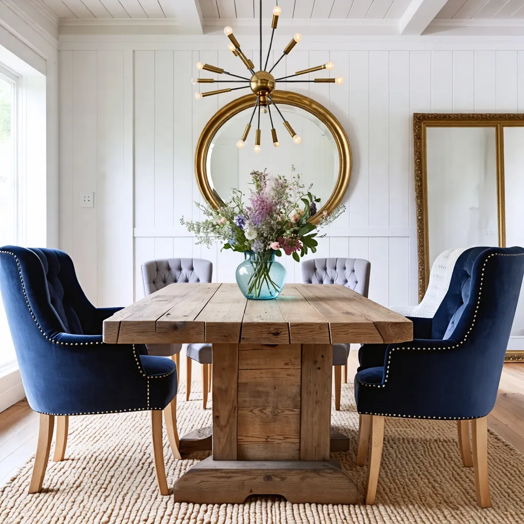 Mesa de comedor rústica y elegante con sillas de terciopelo azul.