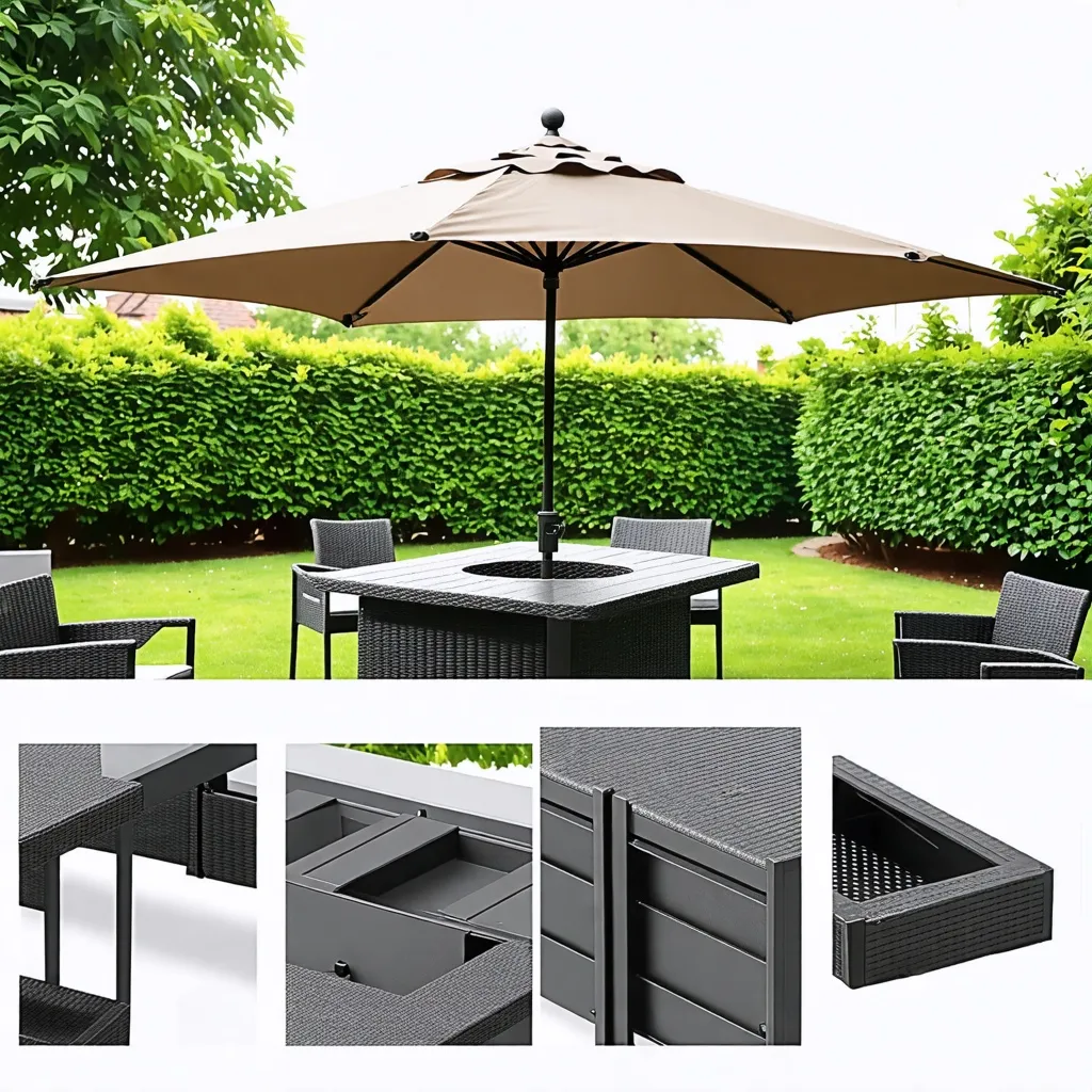 Muebles de jardín de mimbre negro con sombrilla beige en fondo verde.