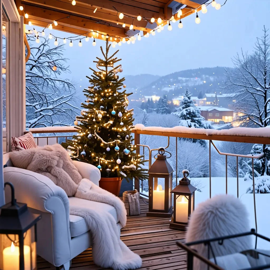 Navidad en un acogedor balcón nevado, con un árbol iluminado y decorado.