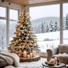 Navidad en la montaña: árbol decorado con luces y adornos dorados.