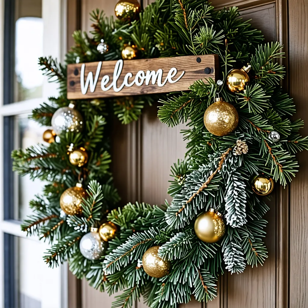 Bienvenida navideña: decoración festiva con corona de pino y adornos dorados.