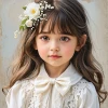 Niña con flores blancas, mirada cautivadora y elegancia natural.