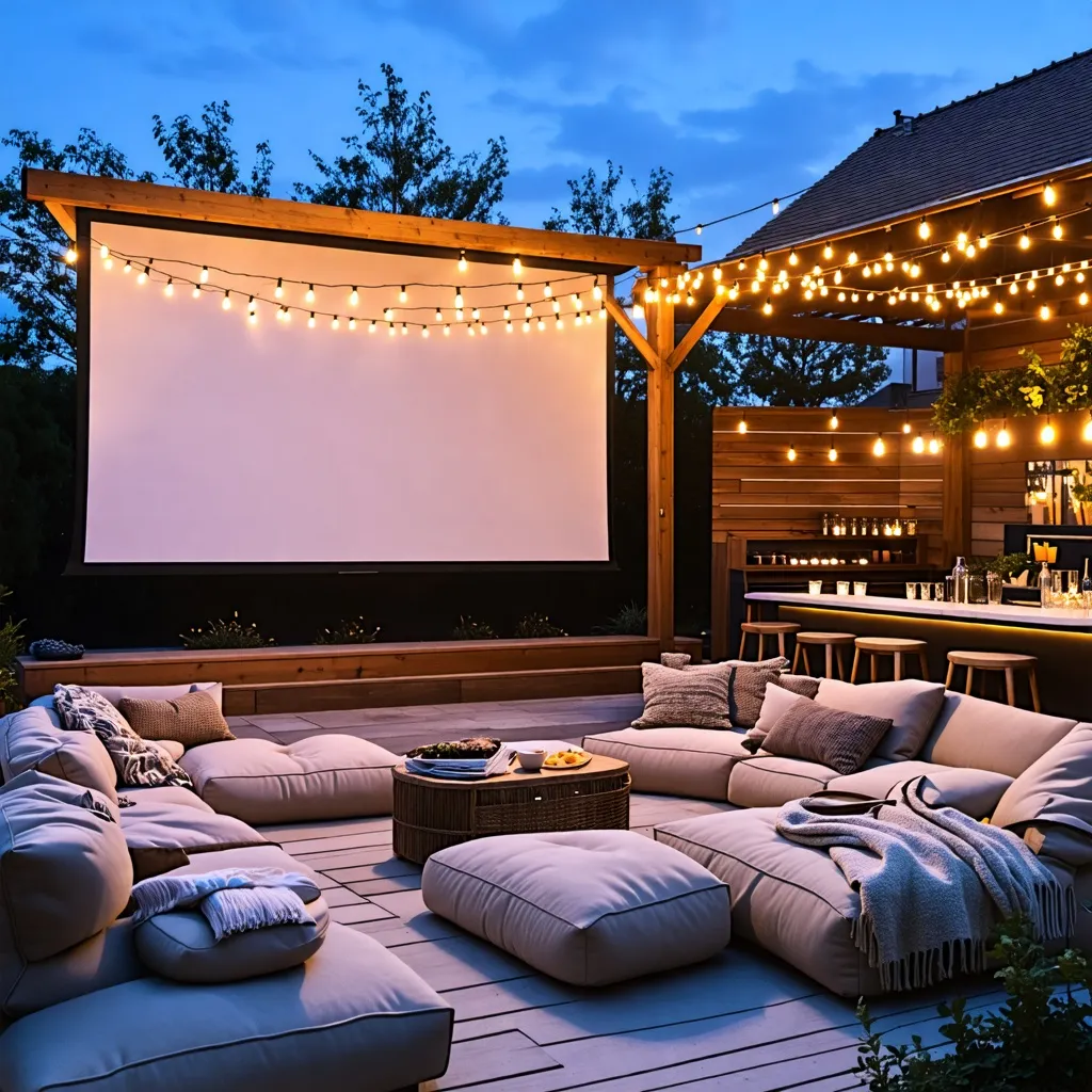 Noche de cine al aire libre en un acogedor patio trasero.