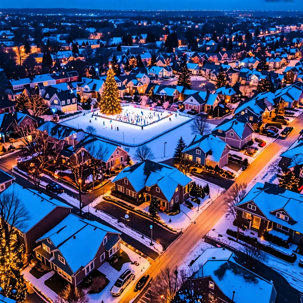 Noche de invierno en un pueblo nevado, luces y patinaje sobre hielo.
