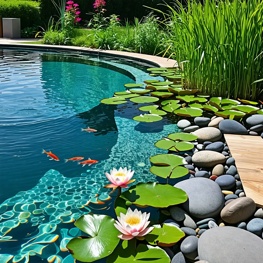 Oasis acuático: Piscina con lirios de agua y peces koi.