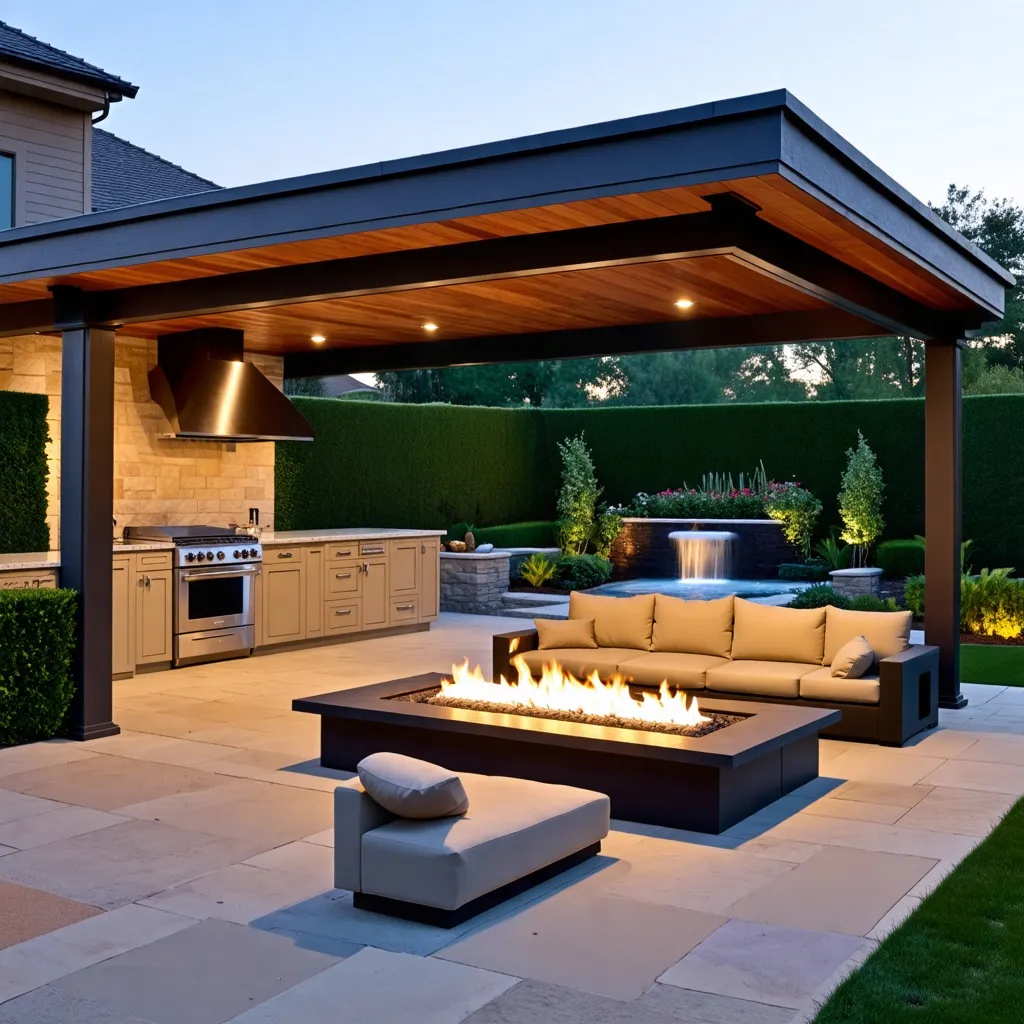 Oasis al aire libre: cocina, chimenea y jardín en armonía.