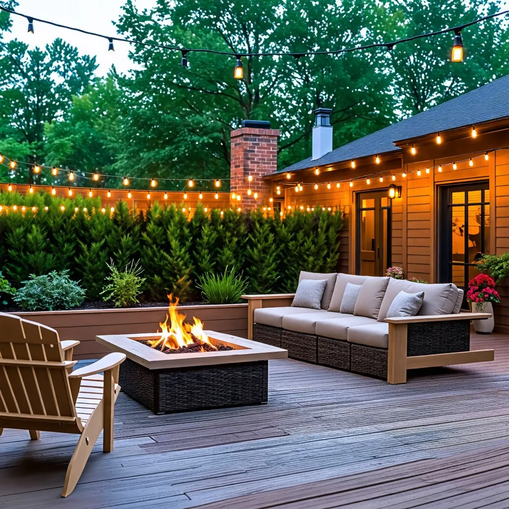Oasis al aire libre con luces cálidas y chimenea en la noche.