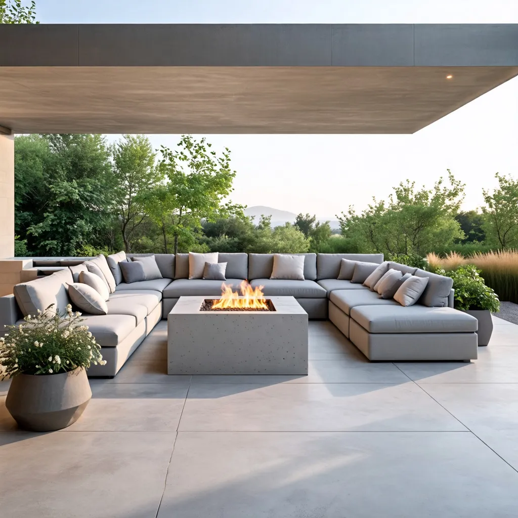 Oasis de comodidad: terraza moderna con chimenea y vistas naturales.