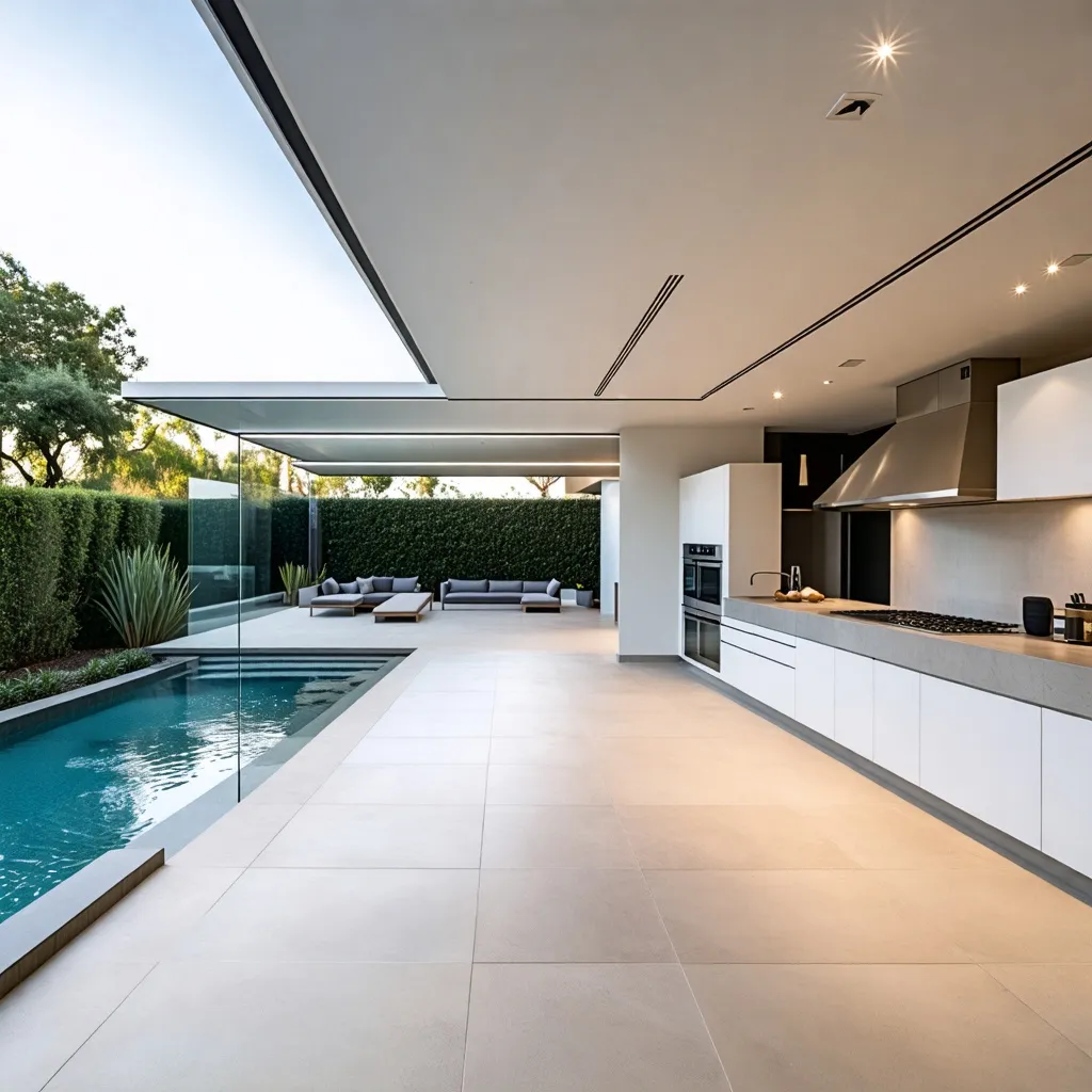 Oasis de diseño moderno: arquitectura, piscina y cocina de vanguardia.
