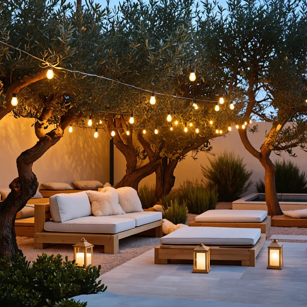 Oasis de luces y comodidad en un jardín encantador.