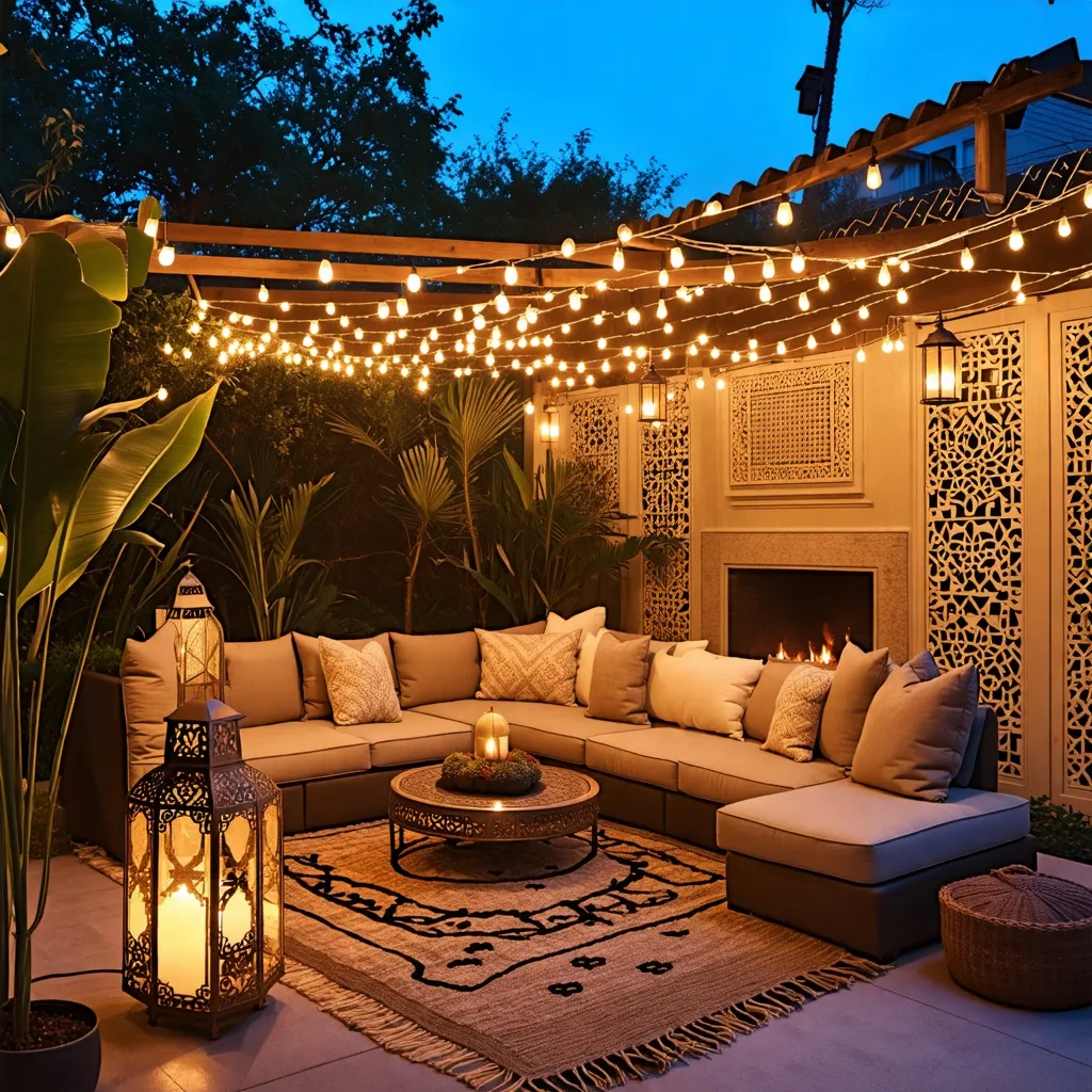 Oasis de luces y confort en la noche: una terraza acogedora.