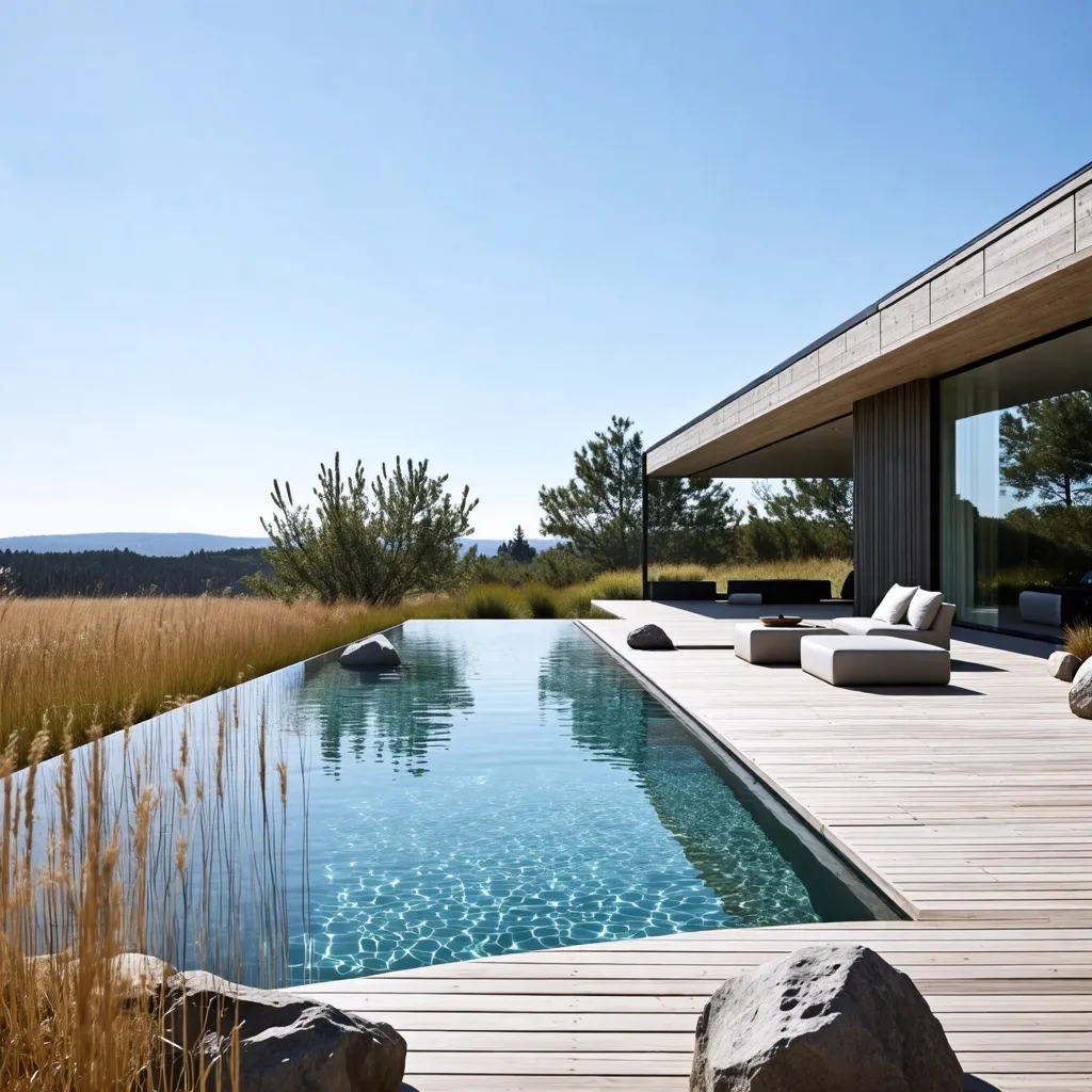 Oasis de lujo en la naturaleza: piscina infinita y terraza con vistas.