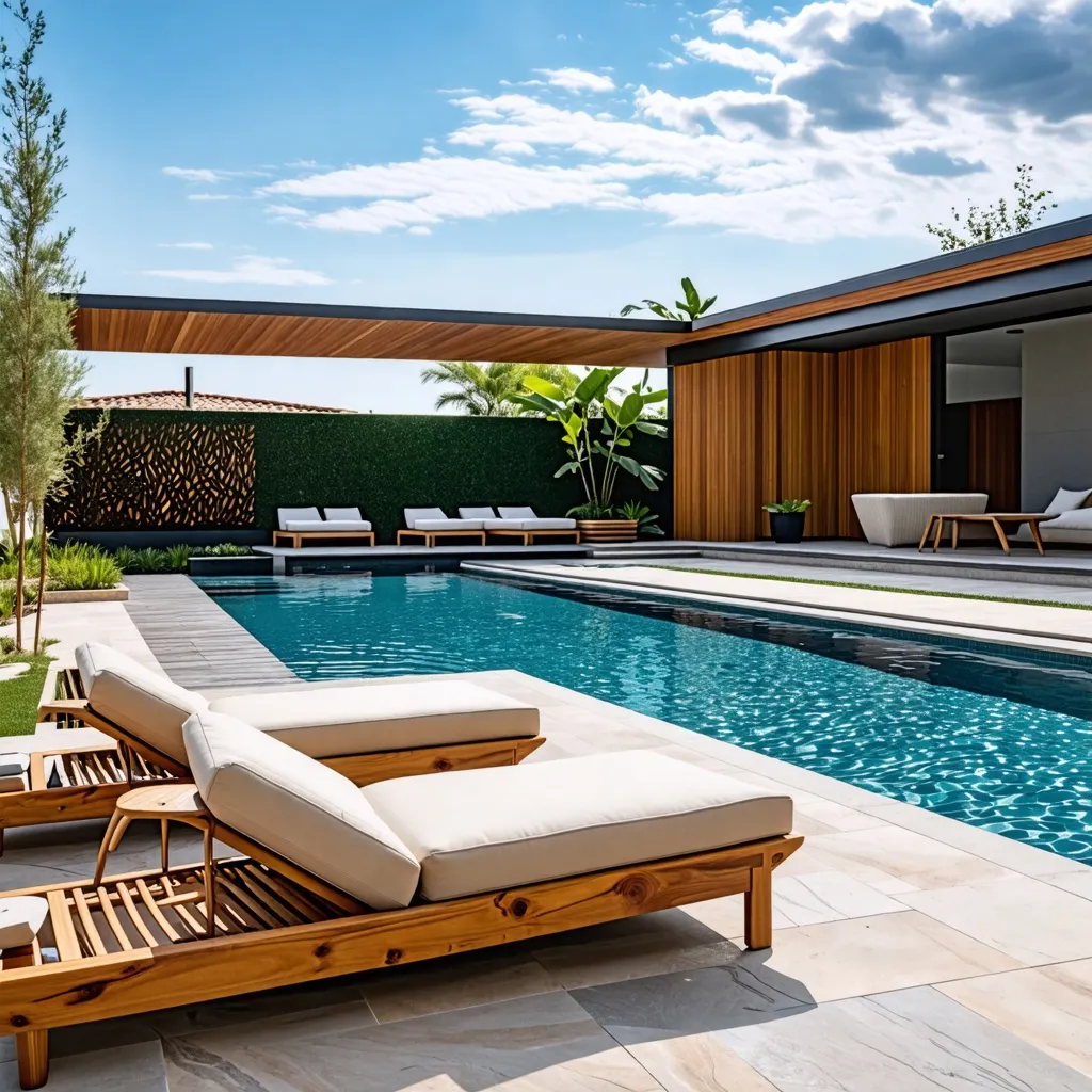 Oasis de lujo: piscina, jardín y comodidad en un diseño moderno.