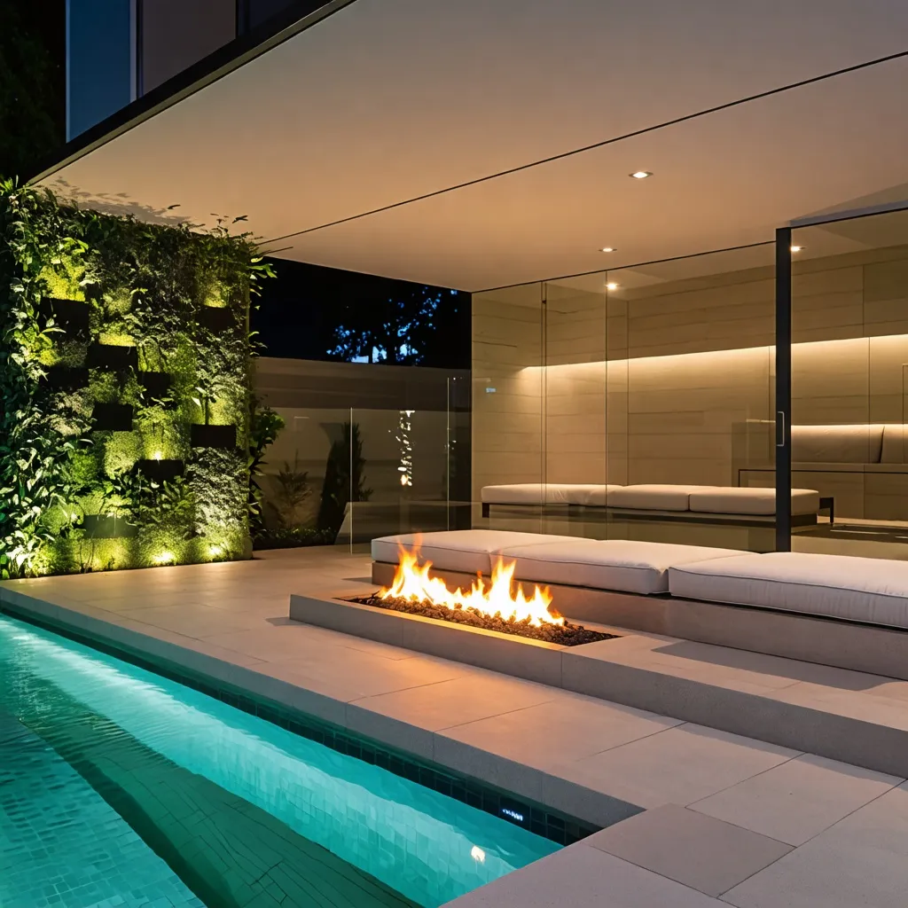 Oasis de lujo: piscina, vegetación y chimenea en una noche mágica.
