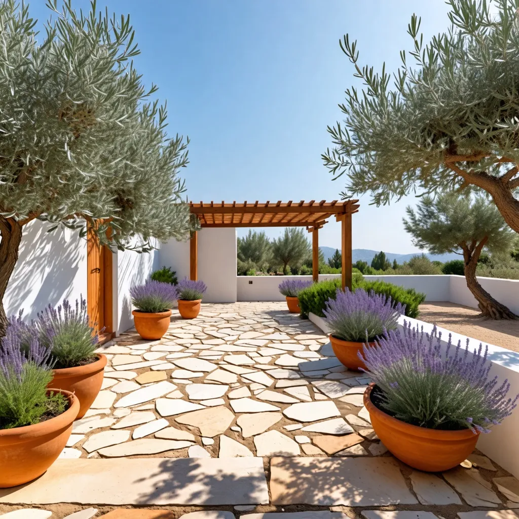 Oasis mediterráneo: jardín de lavanda y olivos en una terraza soleada.