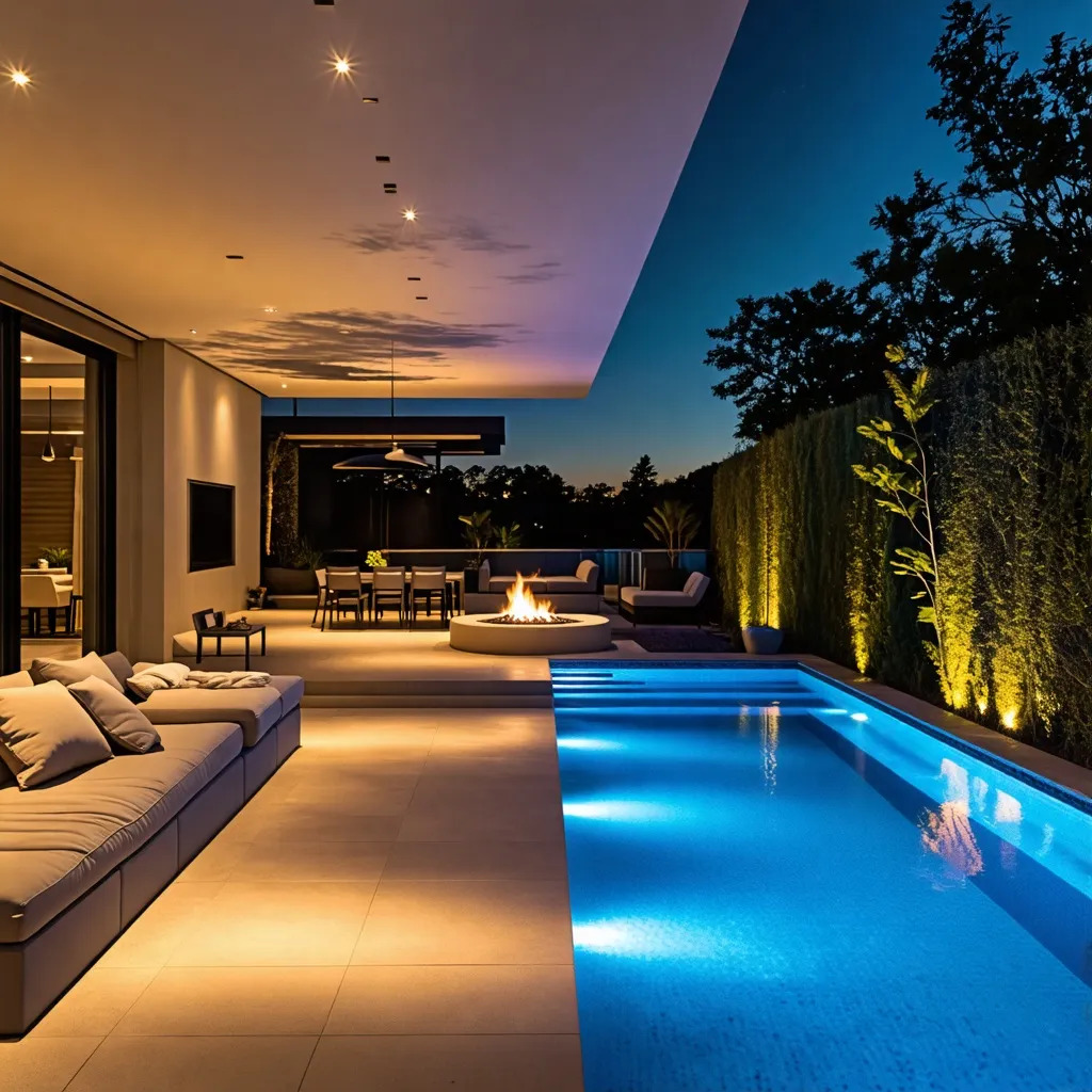 Oasis nocturno: piscina, fuego y atardecer en lujosa residencia.