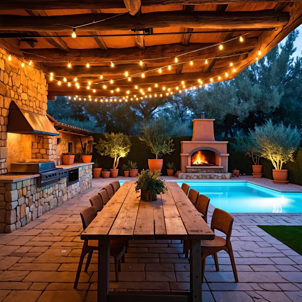 Oasis nocturno: Relajante patio con piscina y chimenea.