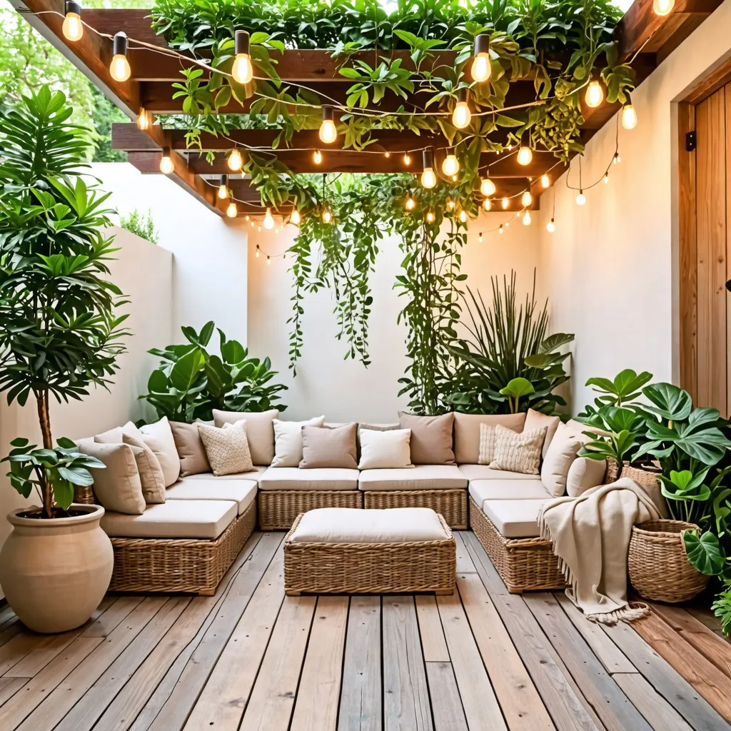 Oasis de plantas y luces en un acogedor espacio exterior.