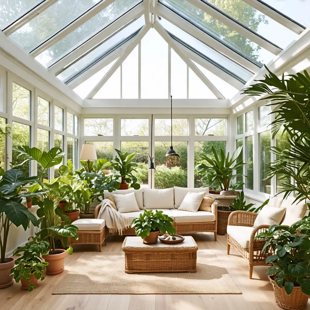 Oasis de plantas y luz natural en un acogedor invernadero.
