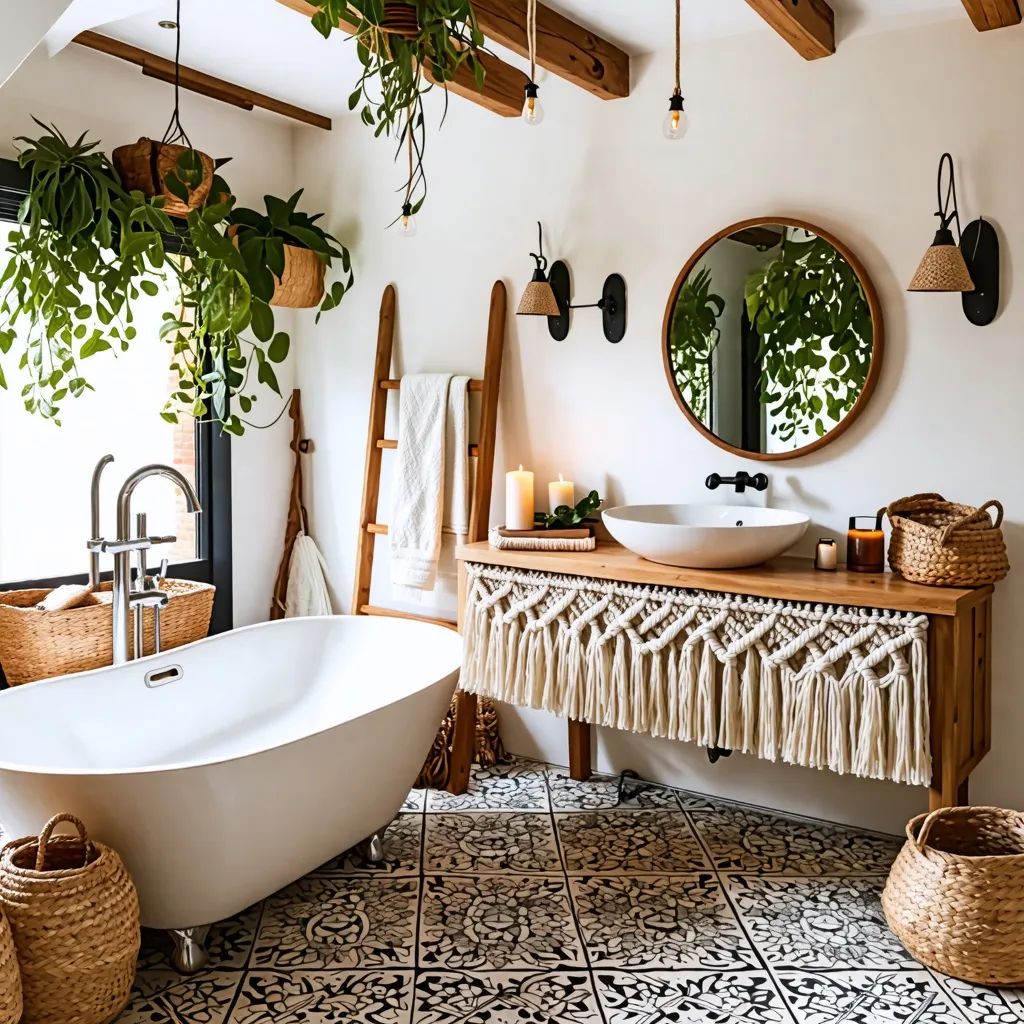 Oasis de relajación: baño boho con detalles naturales.