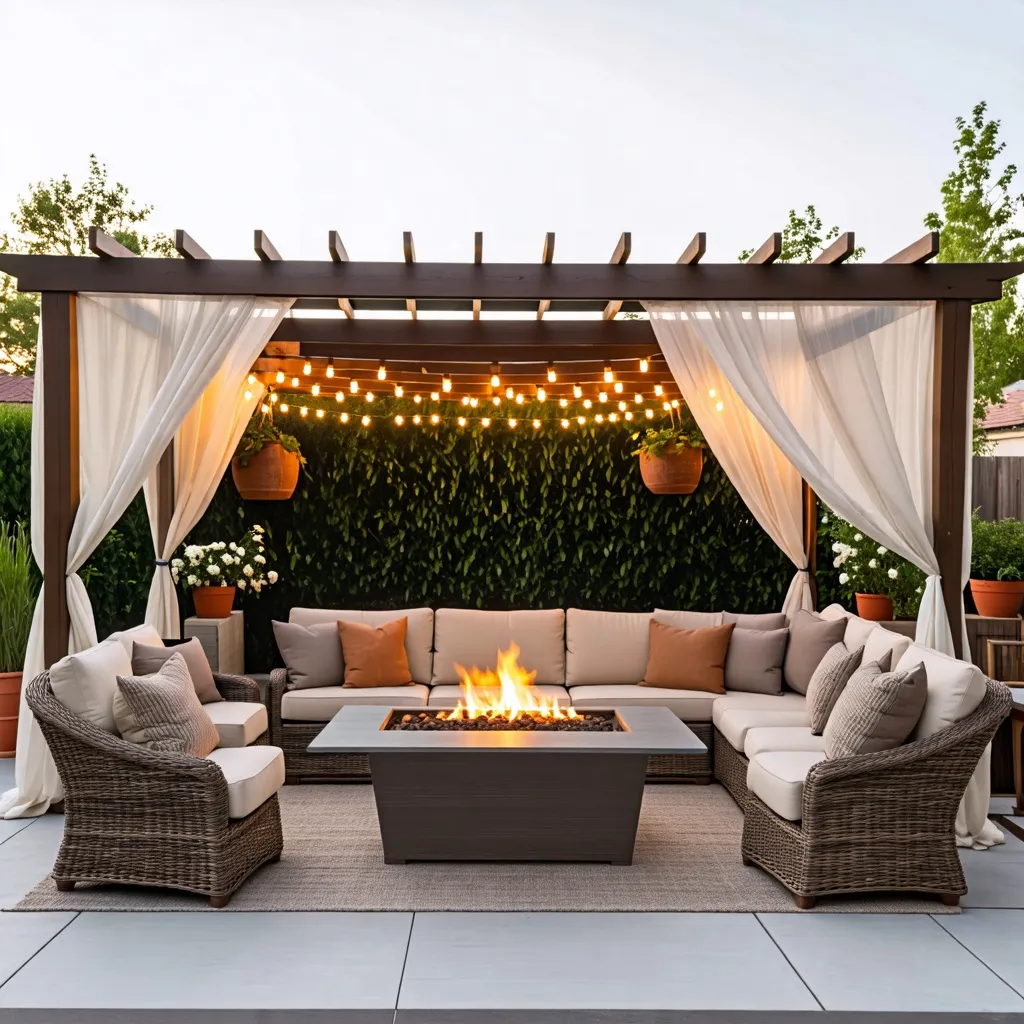 Oasis de relajación: Espacio exterior acogedor con iluminación y chimenea.