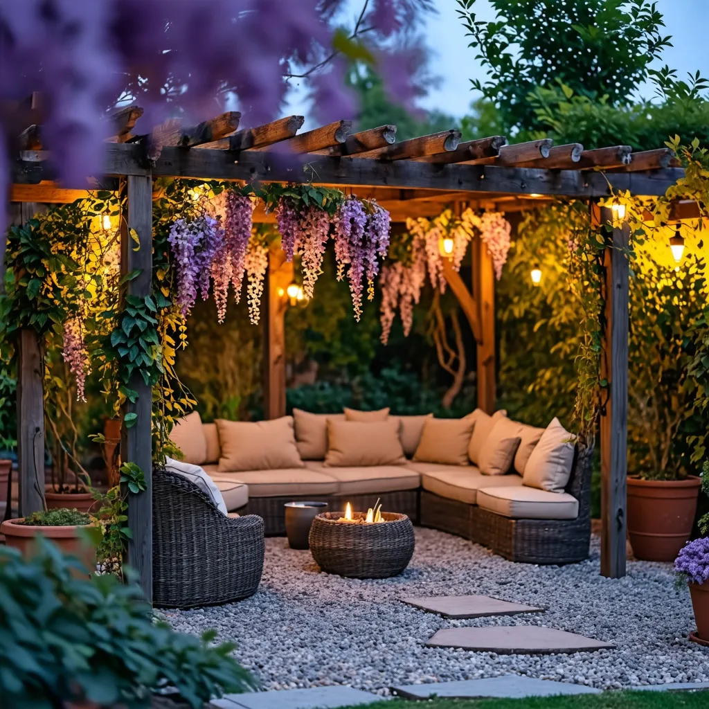 Oasis de relajación en un jardín encantador al atardecer.