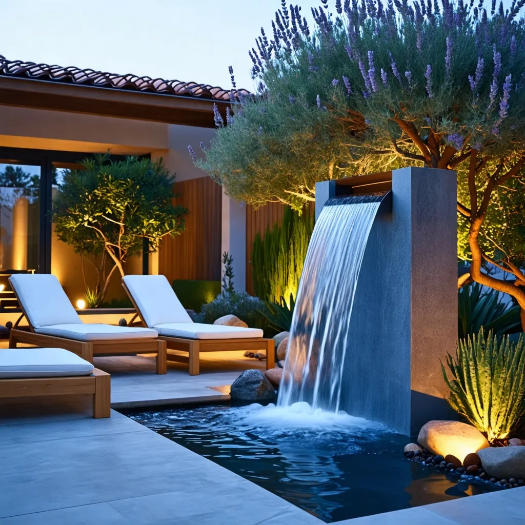 Oasis de relajación: Jardín con fuente y piscina iluminada.