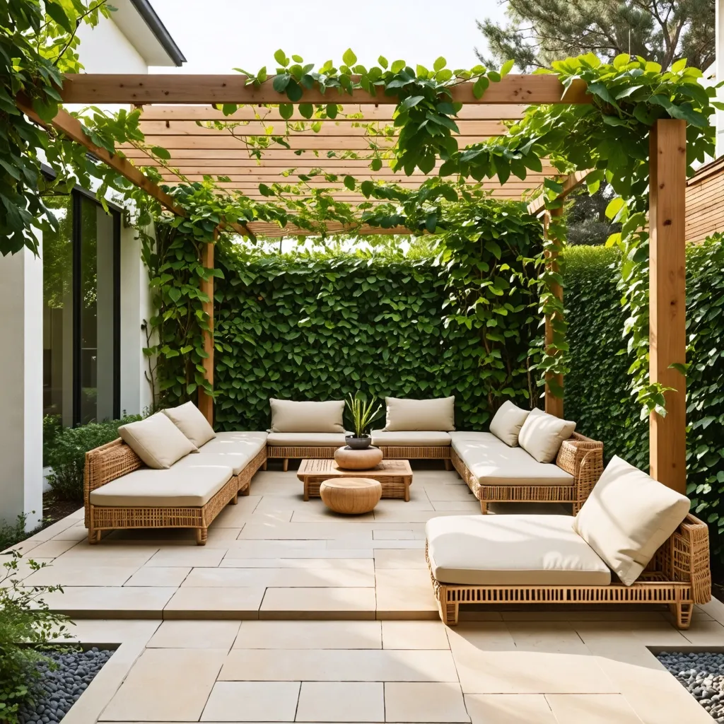 Oasis de relajación en un jardín privado con muebles de mimbre y vegetación exuberante.