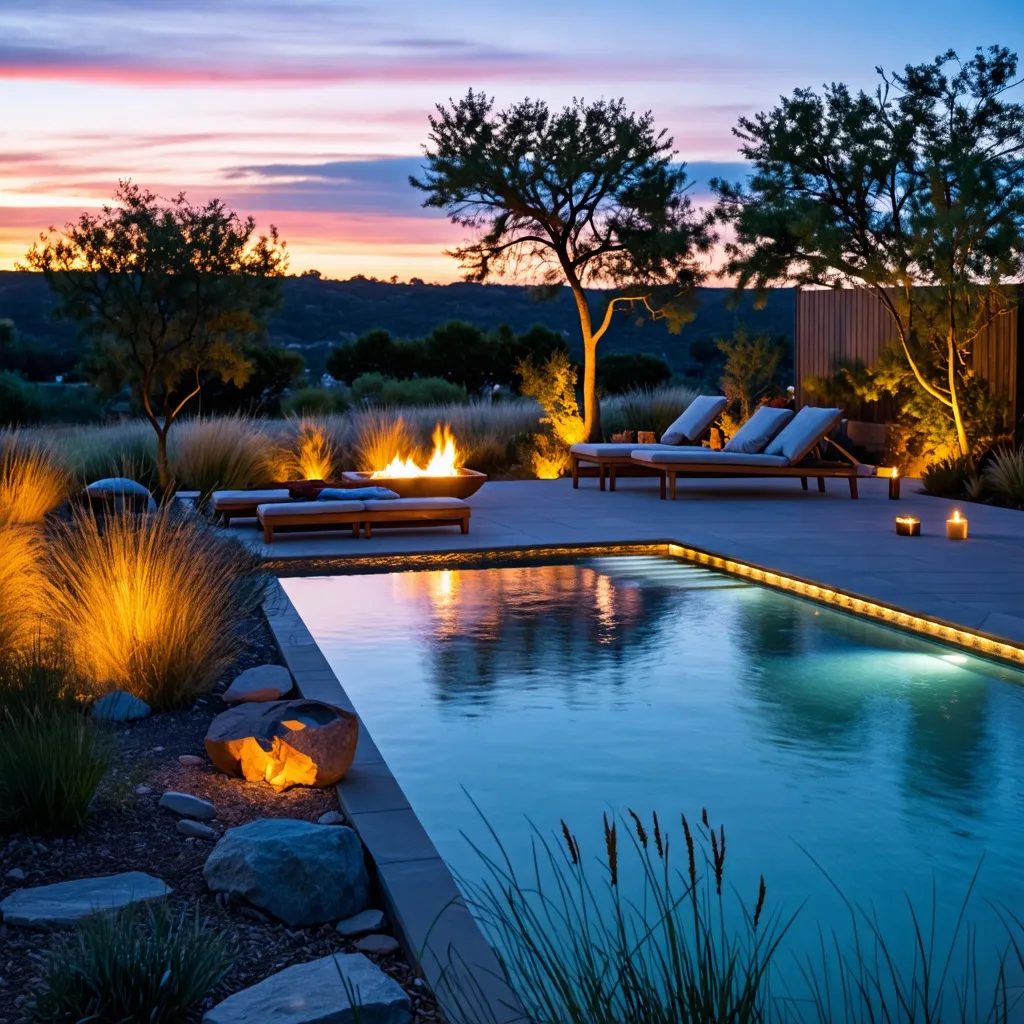 Oasis de relajación: piscina y atardecer en un entorno natural.