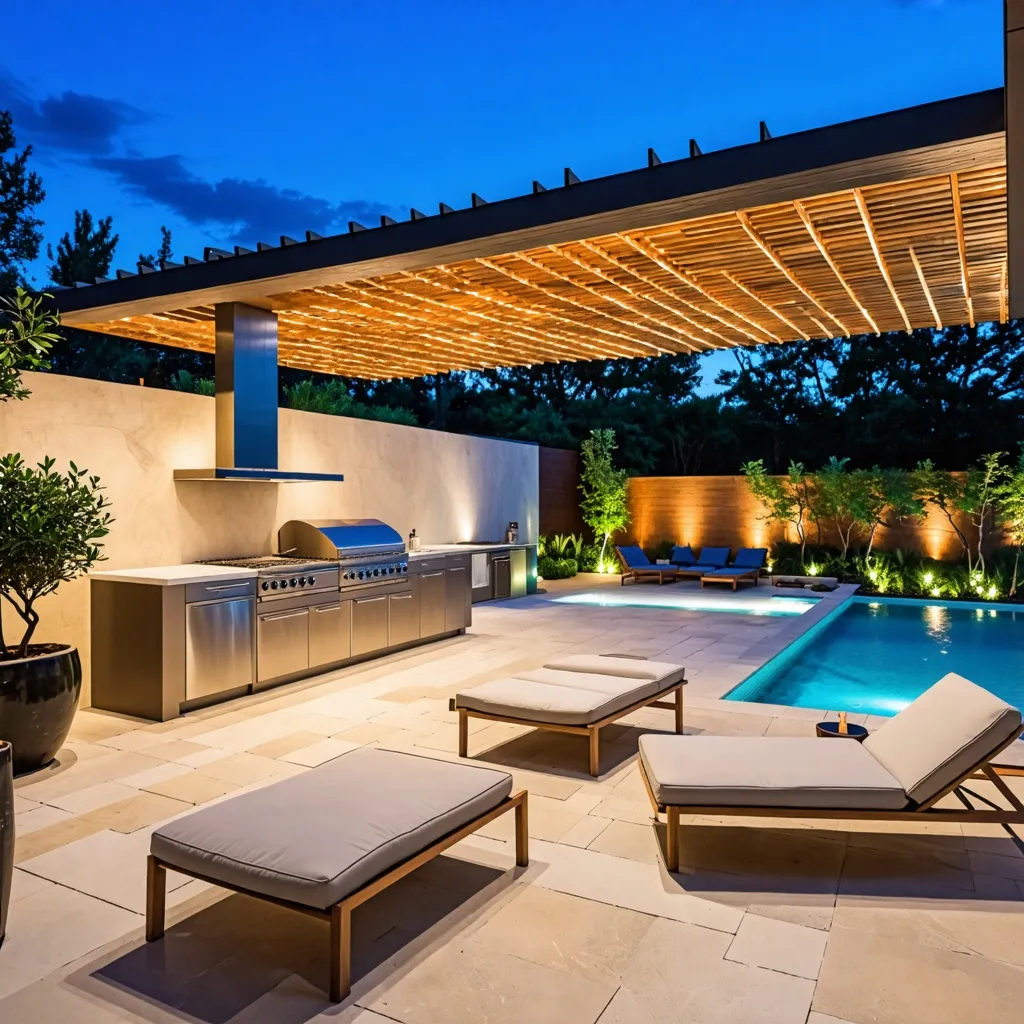 Oasis de relajación con piscina y cocina al aire libre.