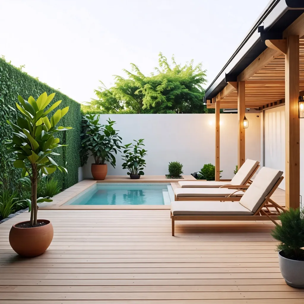 Oasis de relajación con piscina y vegetación exuberante.
