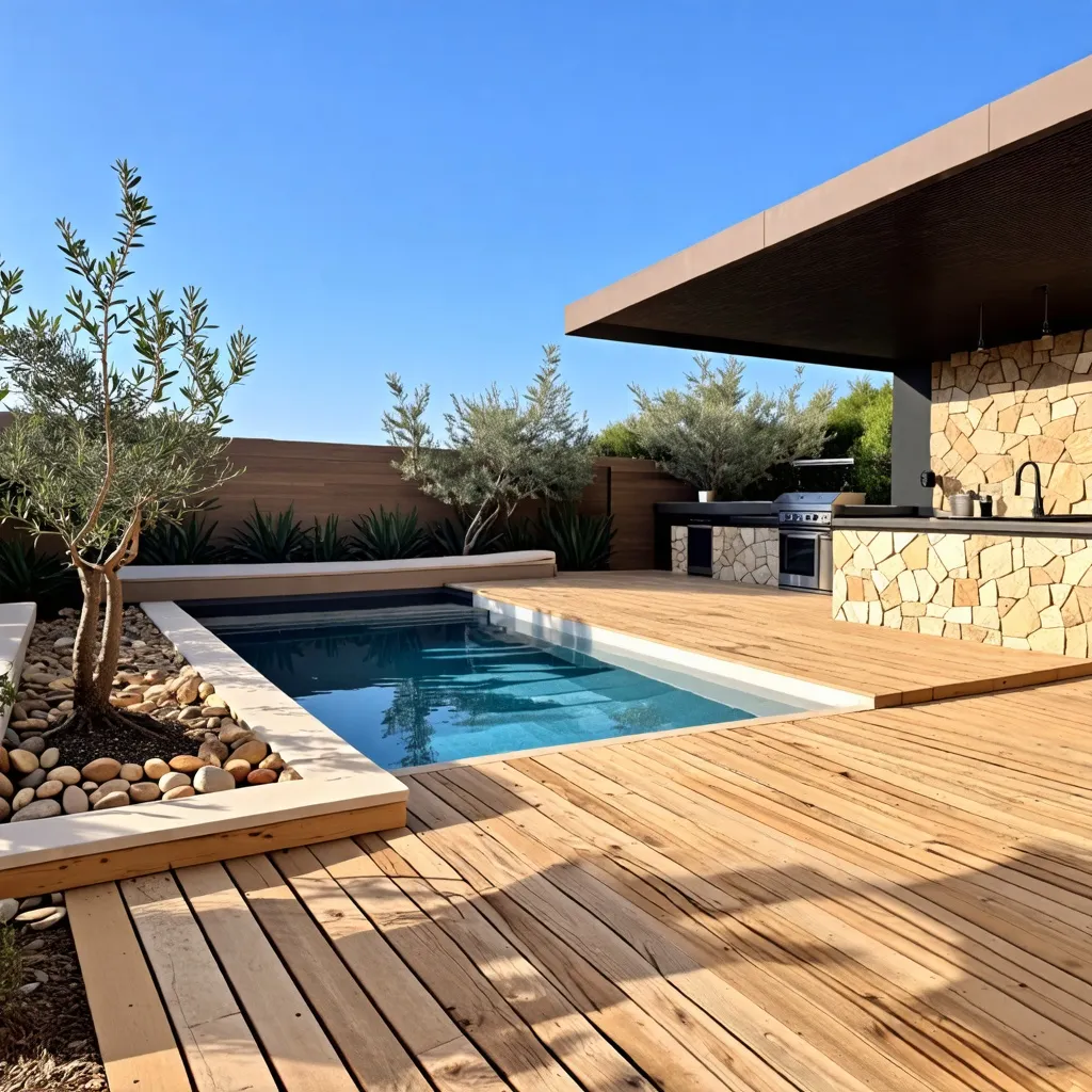 Oasis de relajación con piscina y zona de cocina al aire libre.