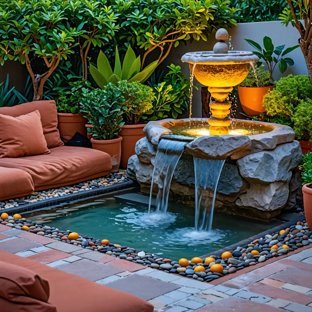 Oasis relajante en el jardín: fuente de agua, plantas y comodidad.