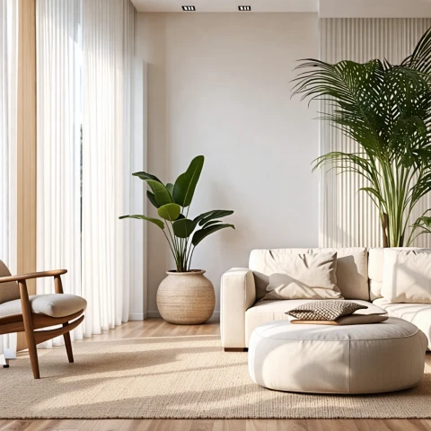 Oasis de serenidad: Espacio acogedor con plantas y muebles de diseño.