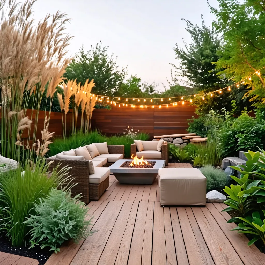 Oasis de tranquilidad: un jardín acogedor con luces y fuego.