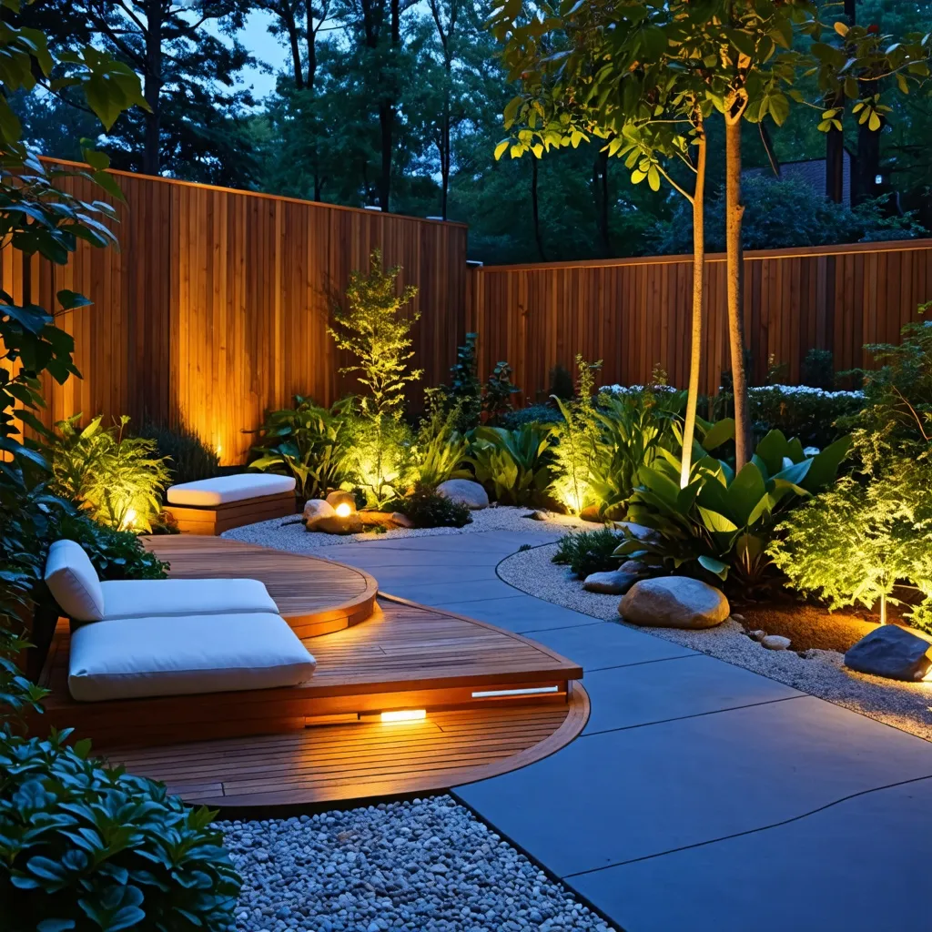 Oasis de tranquilidad: Jardín iluminado, diseño acogedor y natural.