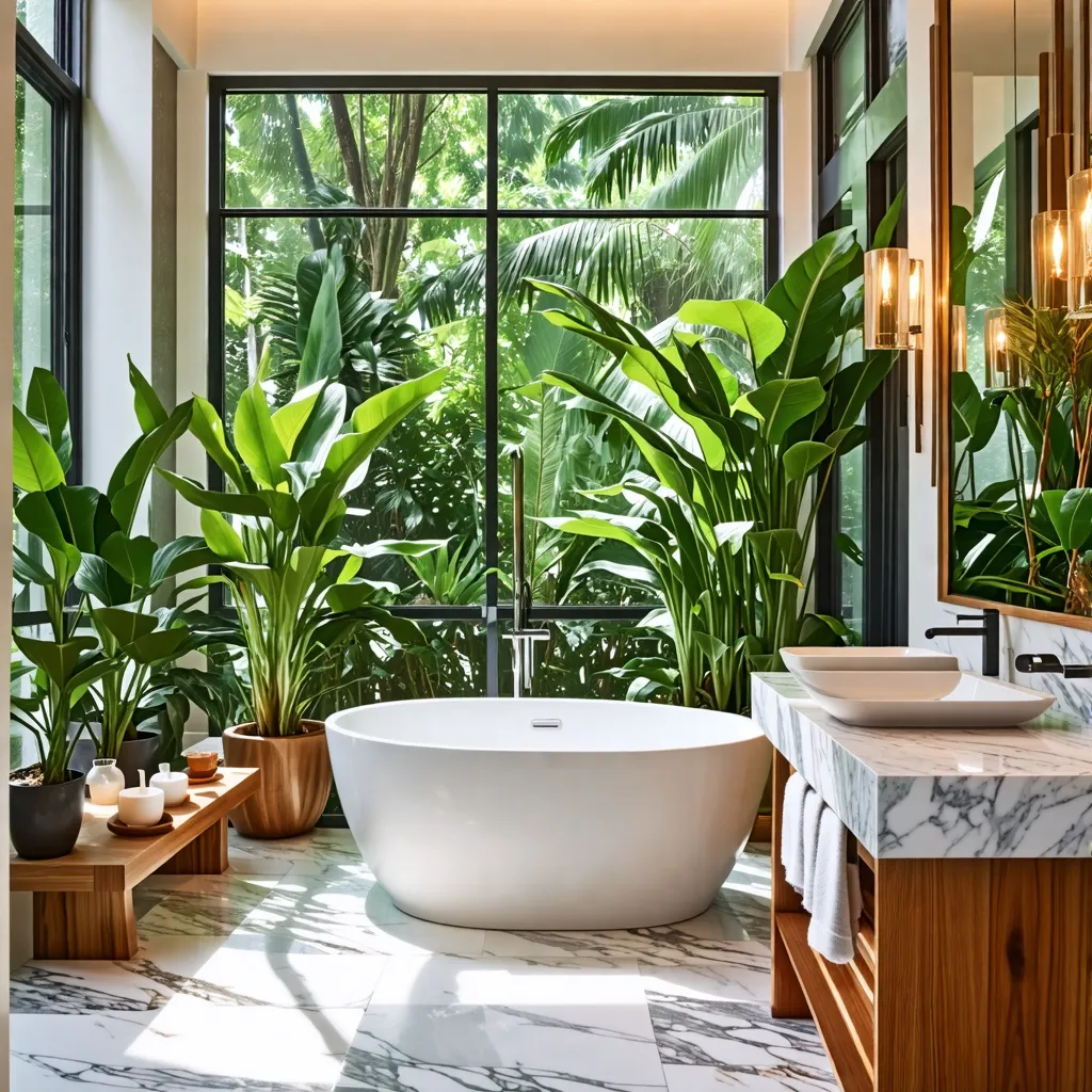 Oasis tropical en el baño: un refugio de naturaleza y diseño.