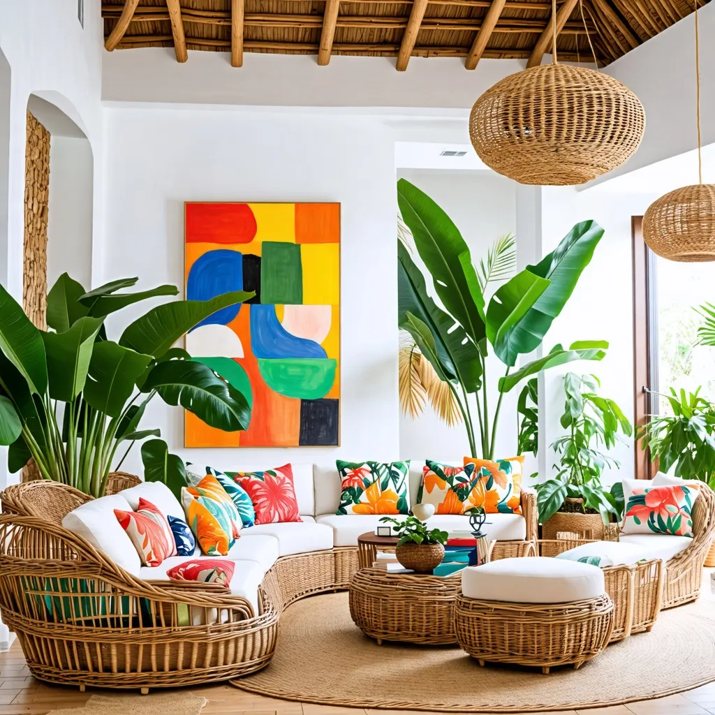 Oasis tropical: diseño de interiores con arte y naturaleza.