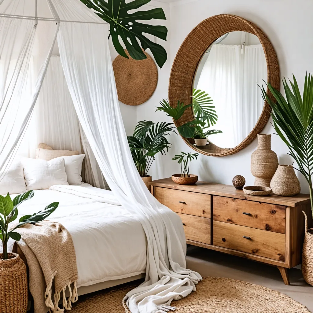 Oasis tropical en el dormitorio: diseño rústico y natural.