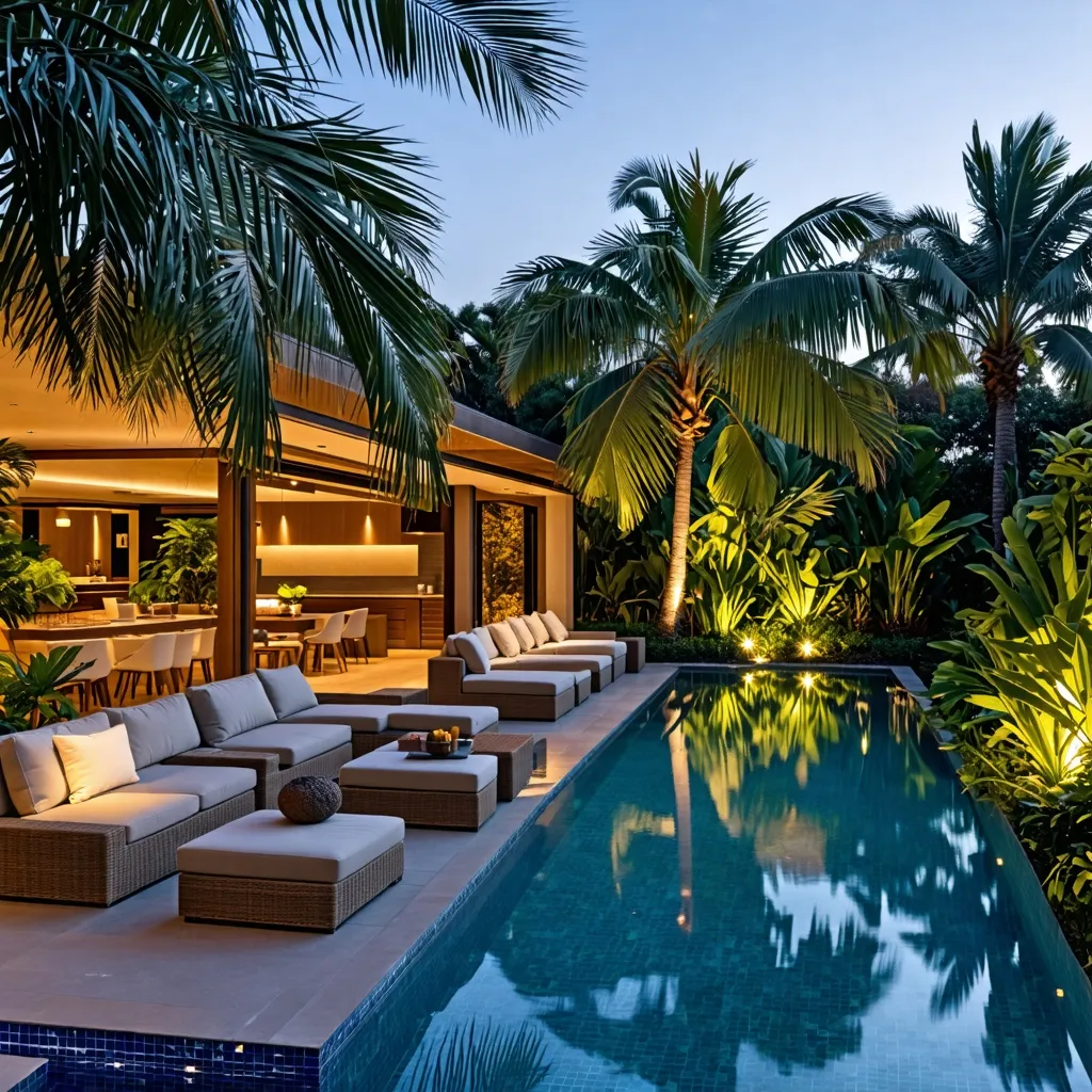 Oasis tropical: una escapada de lujo rodeada de palmas y piscina.