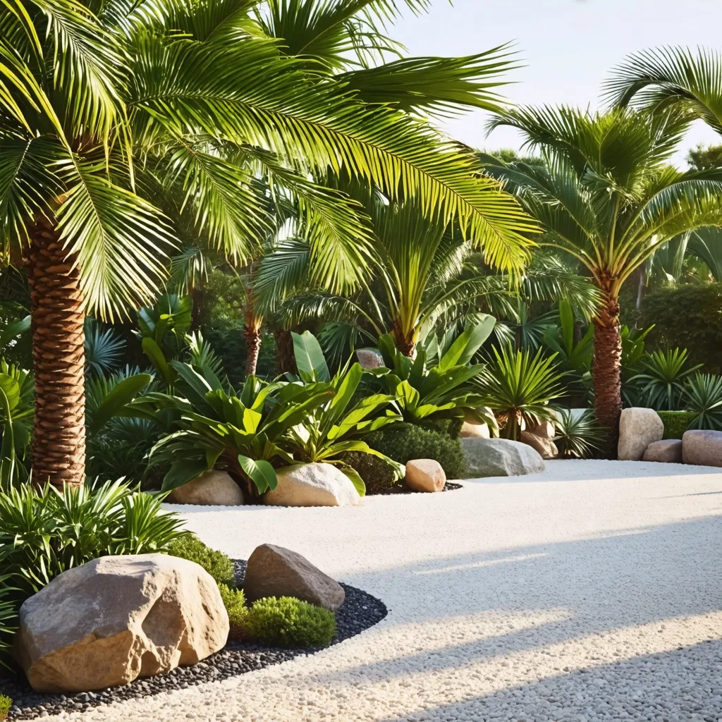 Oasis tropical: jardín de palmas y rocas en un paraíso natural.