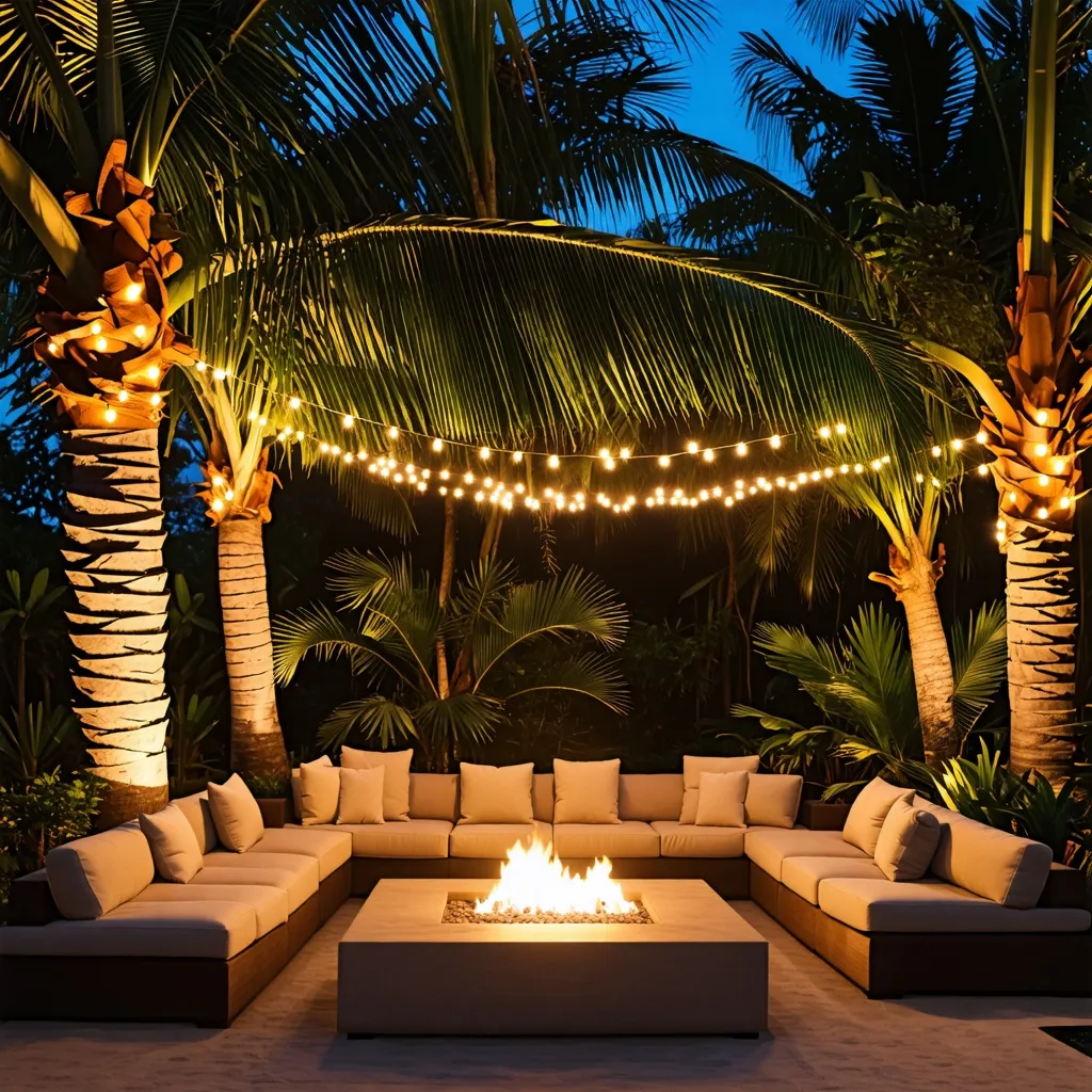 Oasis tropical iluminado por luces cálidas, un refugio de ensueño.